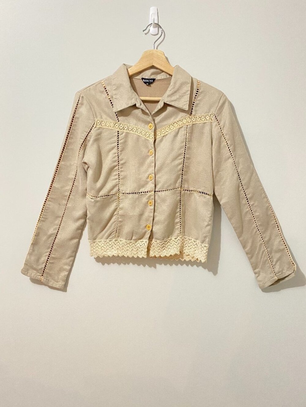 Vintage Faux Suede Button Up Shirt Jacket Tan Crochet Country Festival Boho Crop